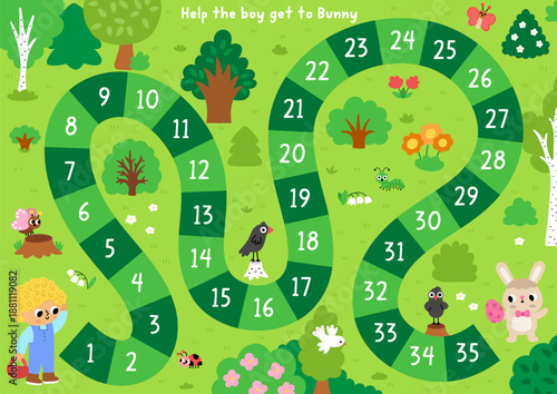 Easter holiday board game for children with forest scene and boy with basket going to bunny. Boardgame with trees, birds, animals, woodland nature. Spring printable activity, worksheet