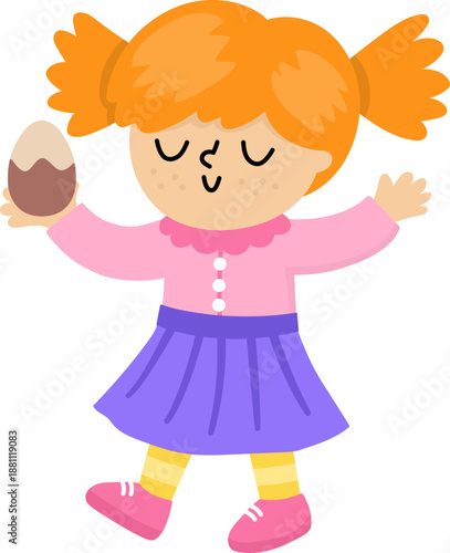 Happy joyful girl holding chocolate egg. Vector Easter egg hunt concept. Cute kid icon. Spring holiday illustration. Children clipart isolated on white background