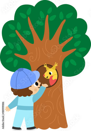 Boy searching for Easter egg in the tree hollow with squirrel. Vector Easter egg hunt concept. Cute kid icon. Spring holiday illustration. Woodland or forest children clipart isolated on white