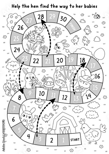 Easter village black and white board game for children with nature scene, hen going to her chicks. Line boardgame with bunny, bird, eggs, barn. Spring holiday printable activity, coloring page