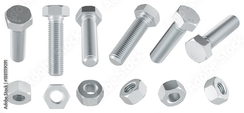 Hex bolts and nuts shown from different angles. 3D rendering