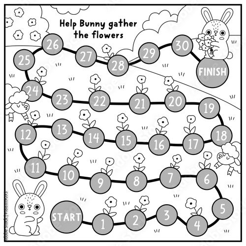 Easter village black and white board game with meadow nature scene, bunny gathering flowers. Line boardgame with hare, flowery field, sheep. Spring holiday printable activity, coloring page