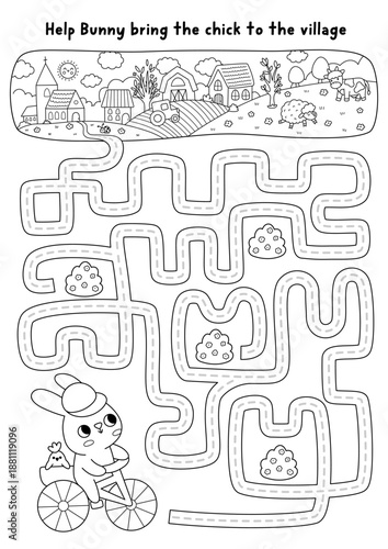 Easter village black and white maze with bunny on bicycle going to church with chick. Line labyrinth game with hare on bike. Spring holiday printable activity, coloring page with country scene
