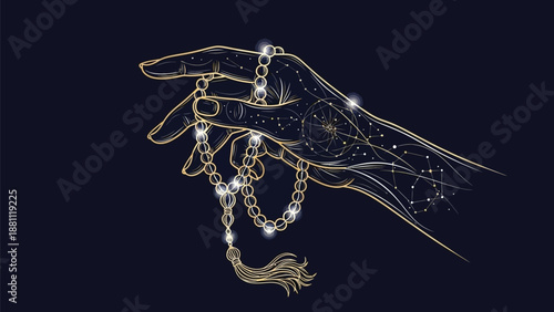 Golden Hand Holding Rosary Beads with Tassel Mystical Illustration