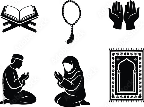 Set of 6 Black and White Islamic Prayer Icons Vector