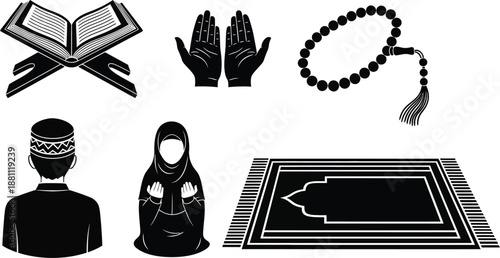 Set of 6 Black and White Islamic Prayer and Culture Icons Vector