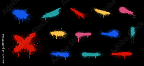 Collection of colorful graffiti spray paint drips, splatters, and a red cross on a black background. Ideal for urban and street art designs.