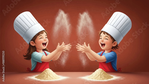 Two happy cartoon children chefs playing with flour in a studio setting