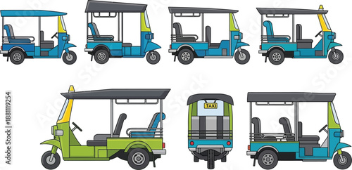 Set of 8 Tuk Tuk vector illustrations in blue and green, various views
