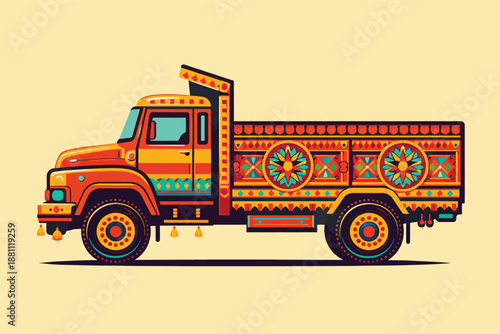 Traditional Pakistani Truck Art Illustration on Beige Background