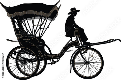 Black Silhouette of Vintage Rickshaw with Driver Vector Illustration