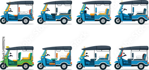 Set of 8 Tuk Tuk auto rickshaw vehicles vector illustrations