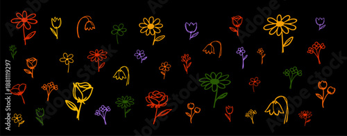 Collection of vibrant hand-drawn flower doodles in rainbow colors on a black background, perfect for creative designs and banners.