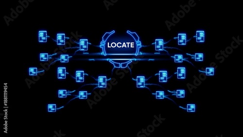 Blue glowing locate symbol with multiple document connected to it on black background documents