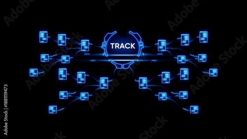 Blue glowing track with multiple connected document nodes on black background documents