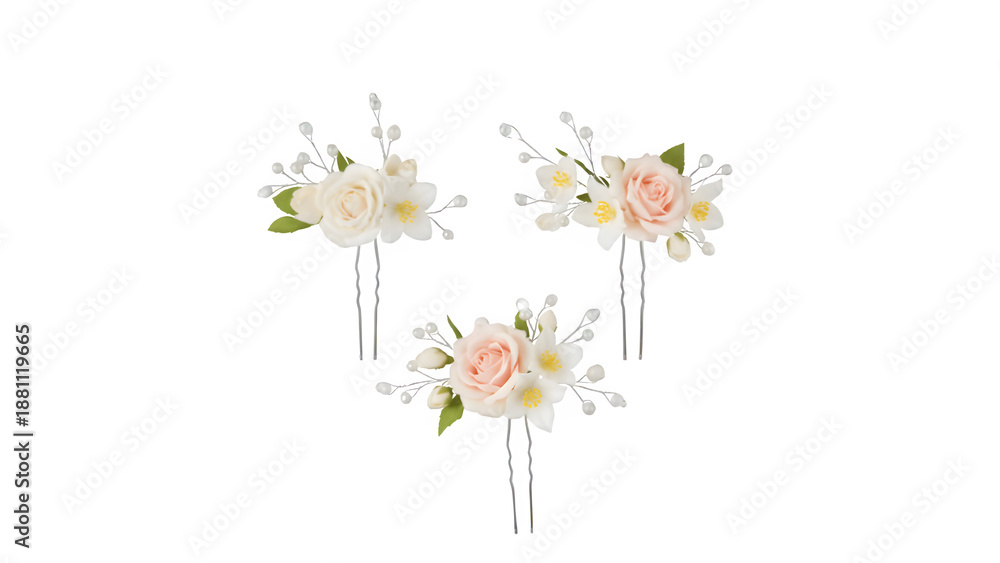 Obraz premium Bridal Flower Hair Pins Set Jasmine and Rose Petals Isolated on Transparent Background PNG