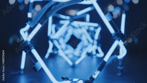 Abstract Blue Neon Light Tunnel Loop Futuristic Glowing Geometric Pattern Background.