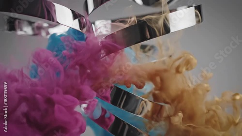 Abstract Colorful Ink Clouds Swirling Around Metallic Ribbons.