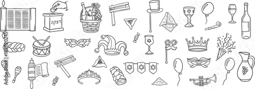 Purim hand drawn doodle design elements isolated on white background.