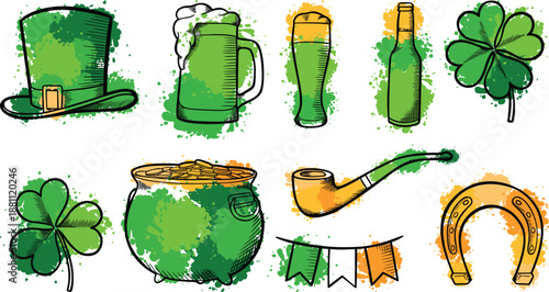 St. Patrick's day doodles collection with watercolor texture with sprinkles. Vector illustration.
