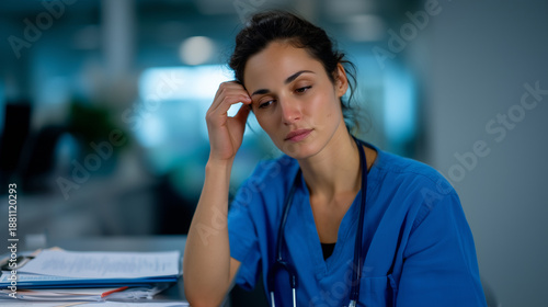 a tired female medical assistant wearing blue scrubs sitting at an office desk, stressed and exhausted, one hand touching her forehead