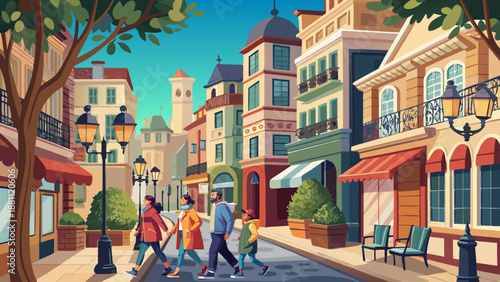 Vector, illustration, family, city, vintage, antique, art, style, tourism, travel, banner, advertising, tour, excursion, adventure