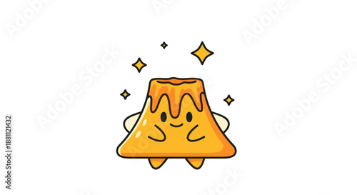 Cartoon volcano character with smiling face and glowing stars illustration