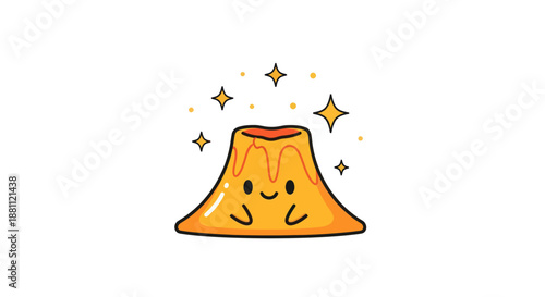 Cartoon volcano character with smiling face and glowing stars on white