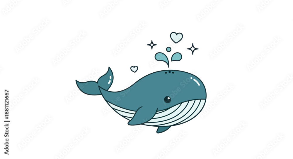 Fototapeta premium Cartoon whale illustration with hearts and water spray on white background