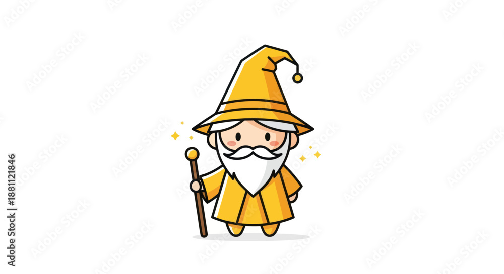 Naklejka premium Cartoon wizard illustration fantasy character with staff and hat on white