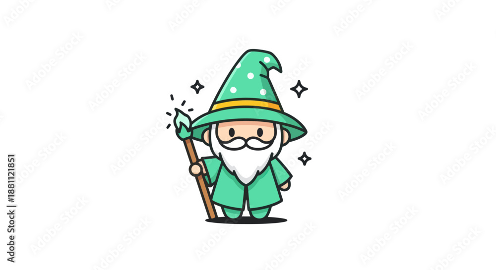 Naklejka premium Cartoon wizard illustration green outfit magic wand isolated design element