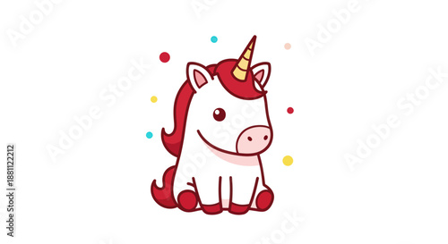 Cartoon unicorn illustration with red hair and golden horn on white background