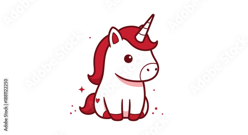 Cartoon unicorn illustration with red mane and horn on white background