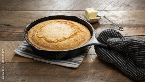 Canvas-taulu Golden brown, freshly baked, buttermilk cornbread in a cast iron skillet with a black and white striped oven mitt on a wooden table