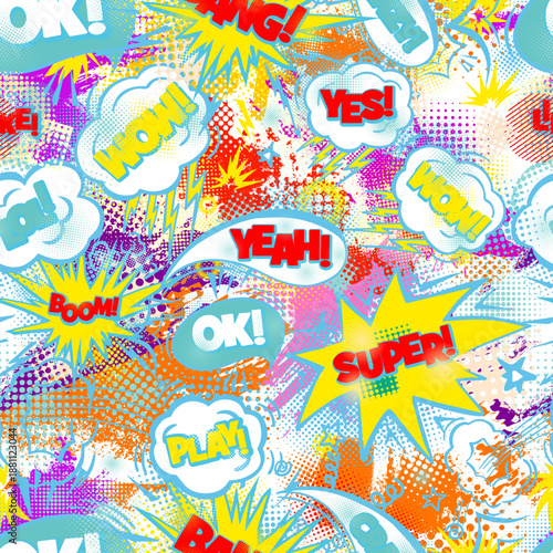 Seamless background with graffiti comics blots. Hand drawn. Not AI, vector illustration.