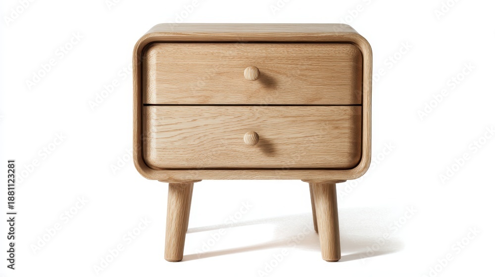 Fototapeta premium Wooden nightstand with two drawers and rounded edges, showcasing minimalist scandinavian design and natural oak wood grain, providing bedroom storage and modern home decor aesthetic