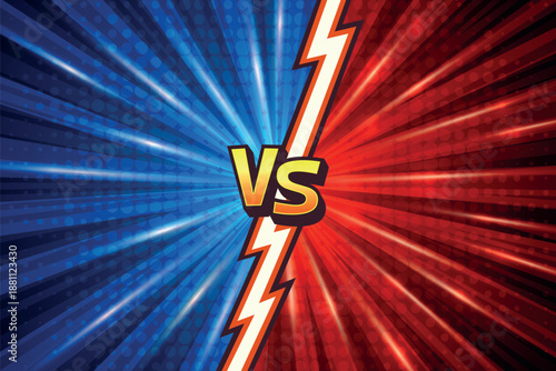 Comic Versus Vector Background. Versus Battle Screen. Versus vs Arena Split. Blue Red Halftone Burst Rays with Lightning Divider. Game Competition Banner Template, Dynamic Fighting Poster Backdrop