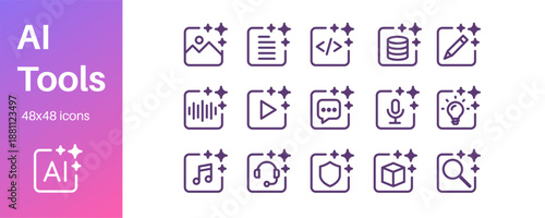 Set of AI tools icons for generating images, video, code, music, text, and data, AI for research, cybersecurity, and autonomous AI agents.