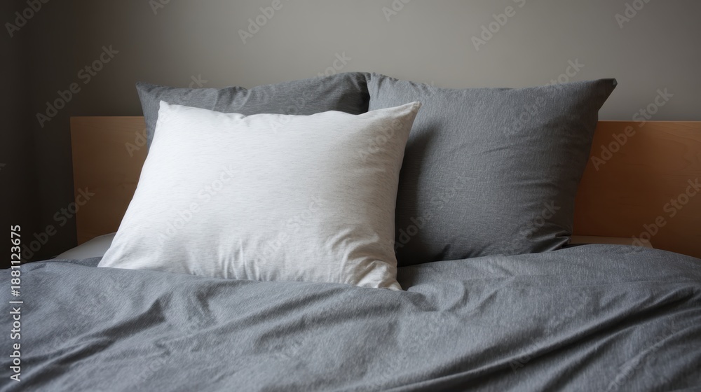 Obraz premium Modern bedroom with neatly made bed, soft gray duvet and matching pillows plus a white pillow against a wooden headboard, evoking calm, comfort and a tranquil sleeping space
