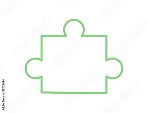 Flat outline jigsaw puzzle piece in green. Simple design of a toy element with isolated silhouette on table. Concept graphic for boardgame and leisure activity template, playful entertainment or