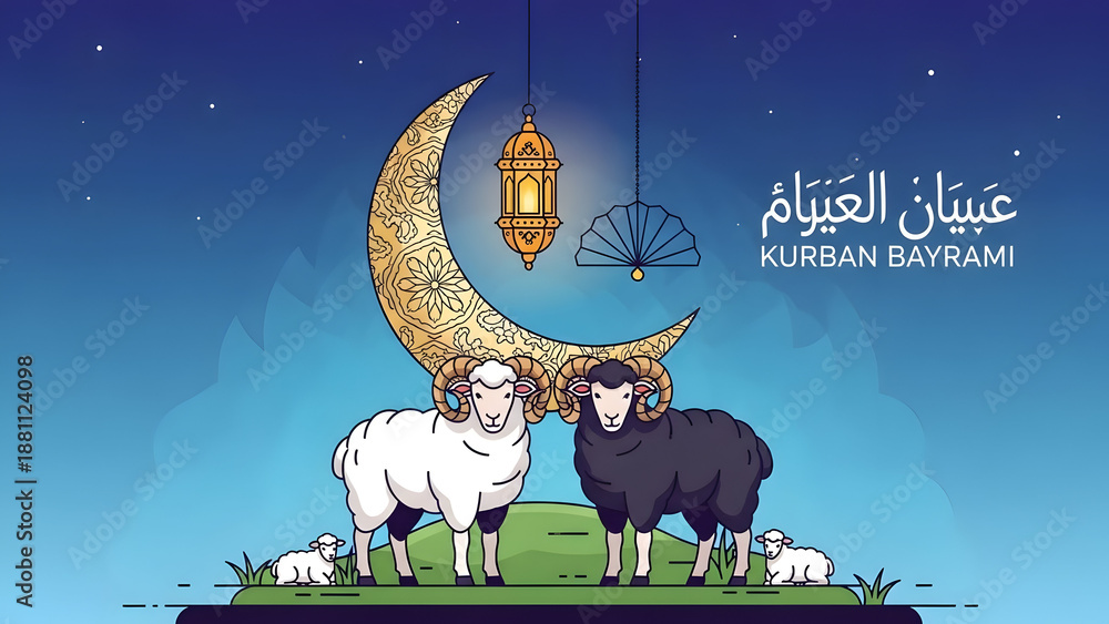 Naklejka premium Eid al adha celebration with sheep and lantern