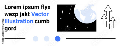 Earth floating in space, rising arrows for progress, dots and abstract shapes. Ideal for innovation, growth, strategy, global reach, success, business simple landing page