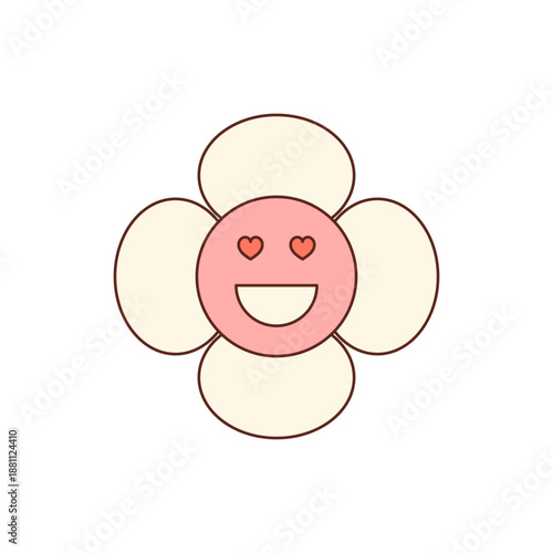 Groovy y2k flower sticker with happy cartoon smile in pink. Cute emoji face and heart eyes as a groovy element in retro style, playful and positive for a fun pop art accent.