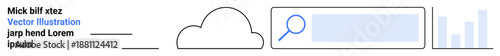 Cloud computing, data analysis, online search, digital technology, information management, network services. Cloud icon, search bar graphs and text placeholders. Cloud computing and data analysis
