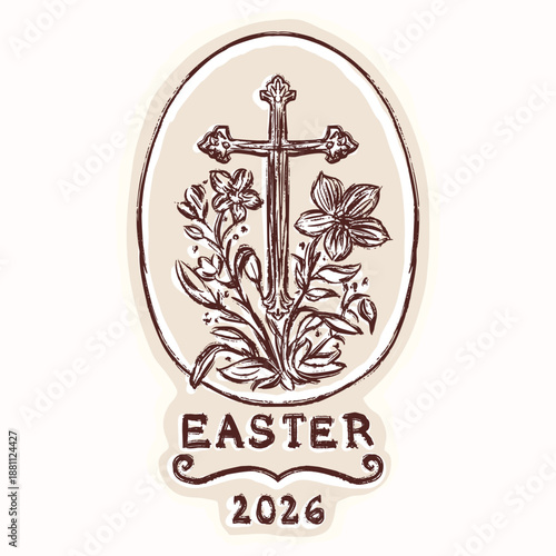 Hand drawn easter oval with christian cross motif illustration. Flat isolated vector for religious Easter 2026 design. Black and white flower crucific decor art egg shape frame