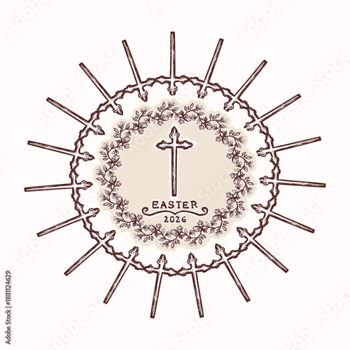 Hand drawn easter circle with christian cross motif illustration. Flat isolated vector for religious Easter 2026 design. Black and white floral crucifix decor art