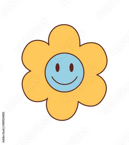 Groovy retro flower in yellow and blue cartoon graphic style with a happy smile. This playful graphic makes a trendy sticker and adds positive y2k groovy element to any fun collection.