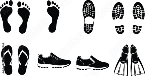 Versatile set of black shoe icons and trail footprints representing walking, running, swimming, and various outdoor activities for fitness and travel graphic design.