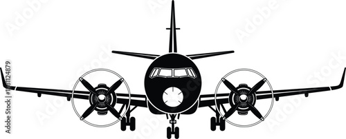 Black aircraft vector illustration featuring a modern turboprop plane with rotating propellers for aerospace engineering, pilot training, and regional airline travel graphics.