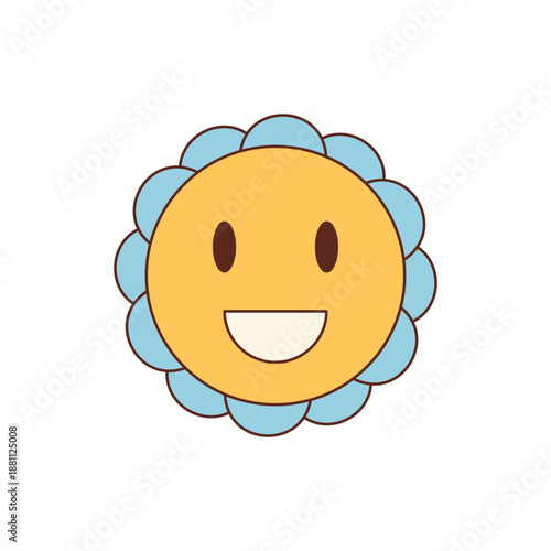 Groovy retro flower sticker in cute cartoon graphic style with a cheerful yellow and blue smiley. Happy groovy element for playful y2k mood, this design adds pop and charm to fun modern creative